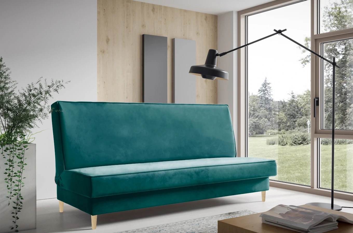 Nowoczesna sofa GOJA w skandynawskim stylu z funkcją spania i pojemnikiem na pościel