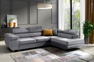 Nowoczesny narożnik DAJTI z funkcją spania, pojemnikiem na pościel oraz regulowanymi zagłówkami