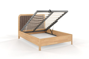 Tapicerowane łóżko drewniane bukowe Visby MODENA BC z wysokim zagłówkiem / 160x200 cm, kolor naturalny, zagłówek Casablanca 2306 (skrzynia na pościel)