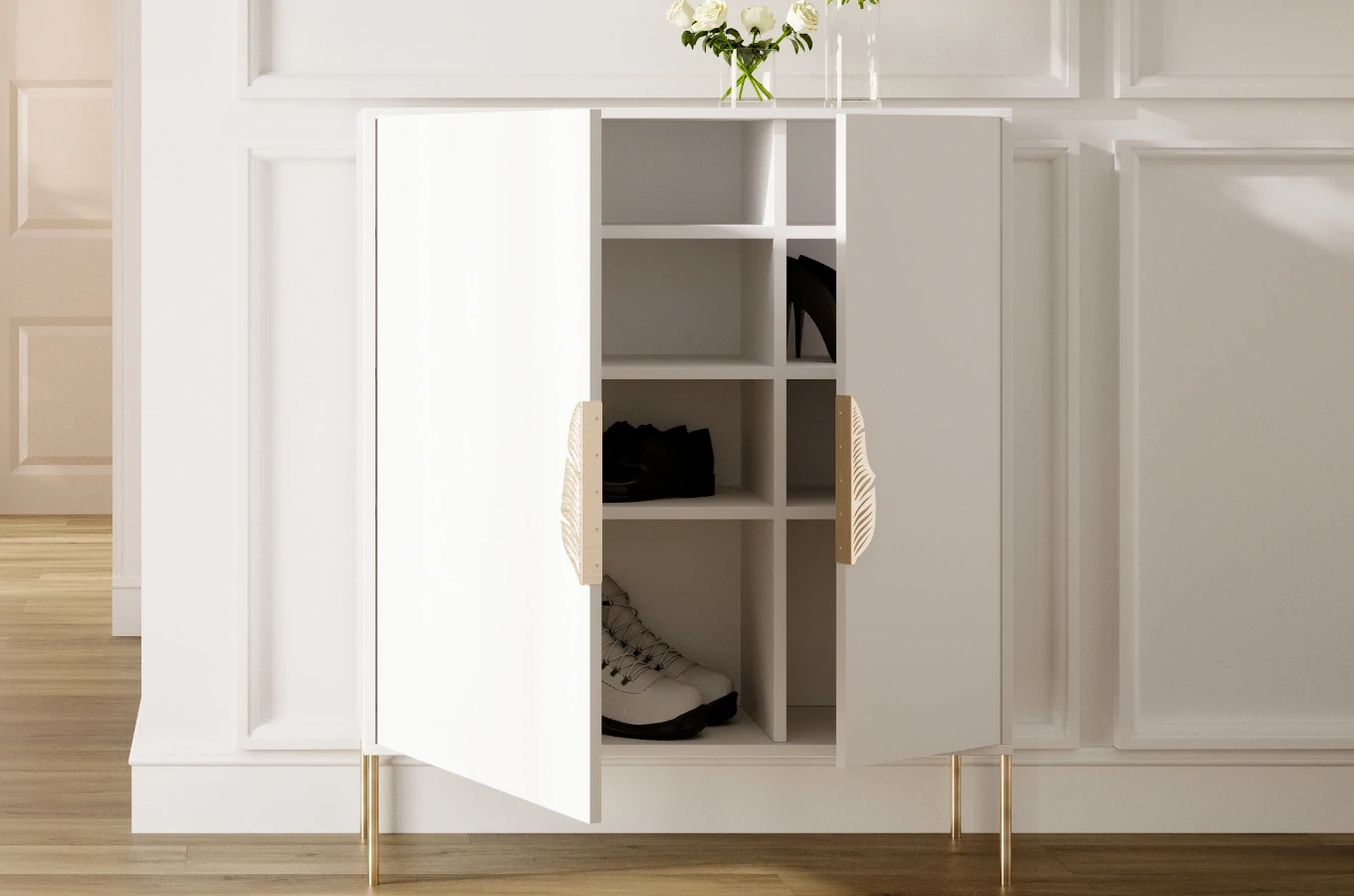 Biała komoda / szafka na buty Skandica MERLIN ze złotymi dodatkami / szer. 100 cm