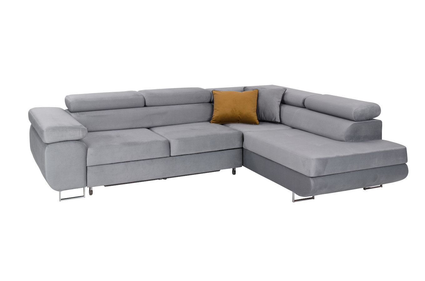 Nowoczesny narożnik DAJTI z funkcją spania, pojemnikiem na pościel oraz regulowanymi zagłówkami