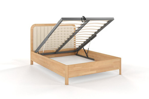 Tapicerowane łóżko drewniane bukowe Visby MODENA BC z wysokim zagłówkiem / 200x200 cm, kolor naturalny, zagłówek Casablanca 2301 (skrzynia na pościel)