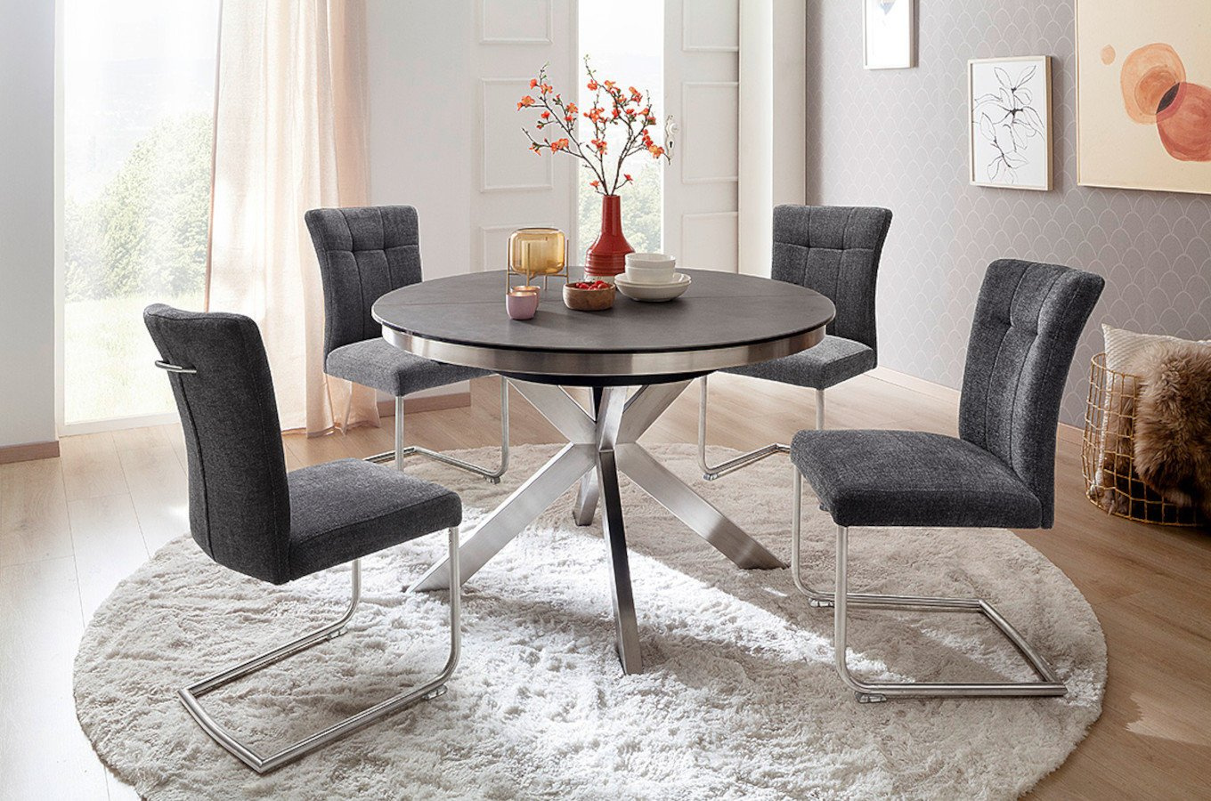 Okrągły rozkładany stół WINNIPEG na metalowych nogach / 120-160 x 120 cm