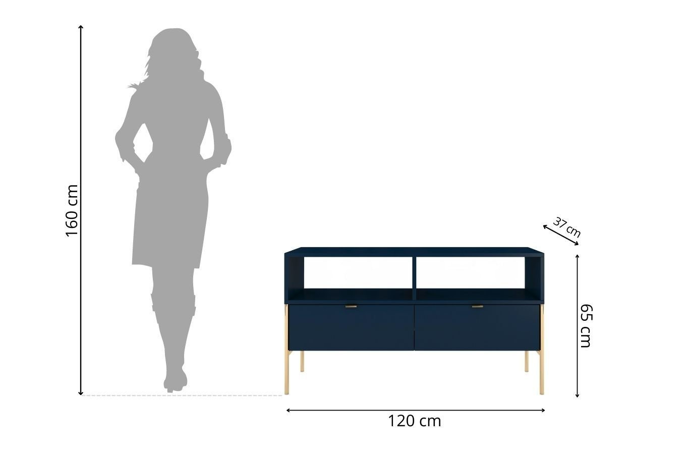 Elegancka granatowa komoda RTV Skandica POLKA na złotych nóżkach / szer. 120 cm
