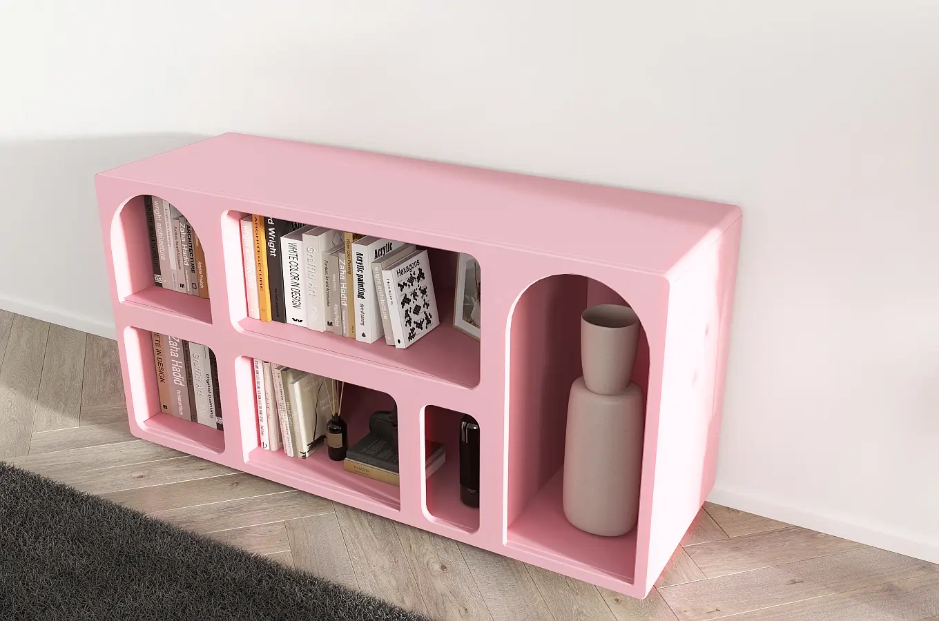 Drewniana komoda - regał - szafka RTV z łukami Visby OLIMPIA LONG / kolor pudrowy róż / szer. 140 cm