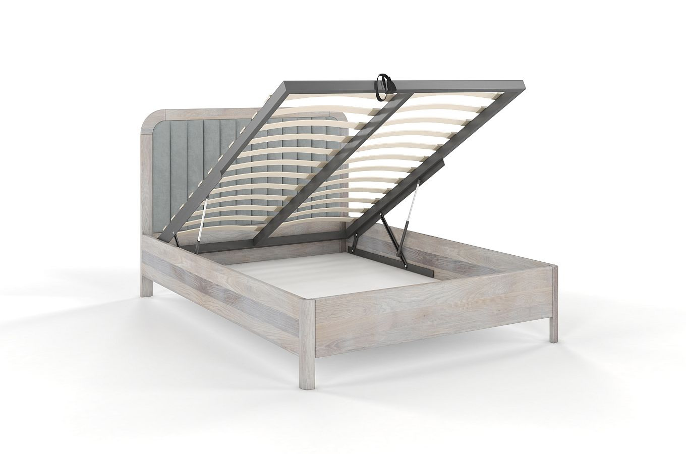 Tapicerowane łóżko drewniane dębowe Visby MODENA BC z wysokim zagłówkiem (skrzynia na pościel)