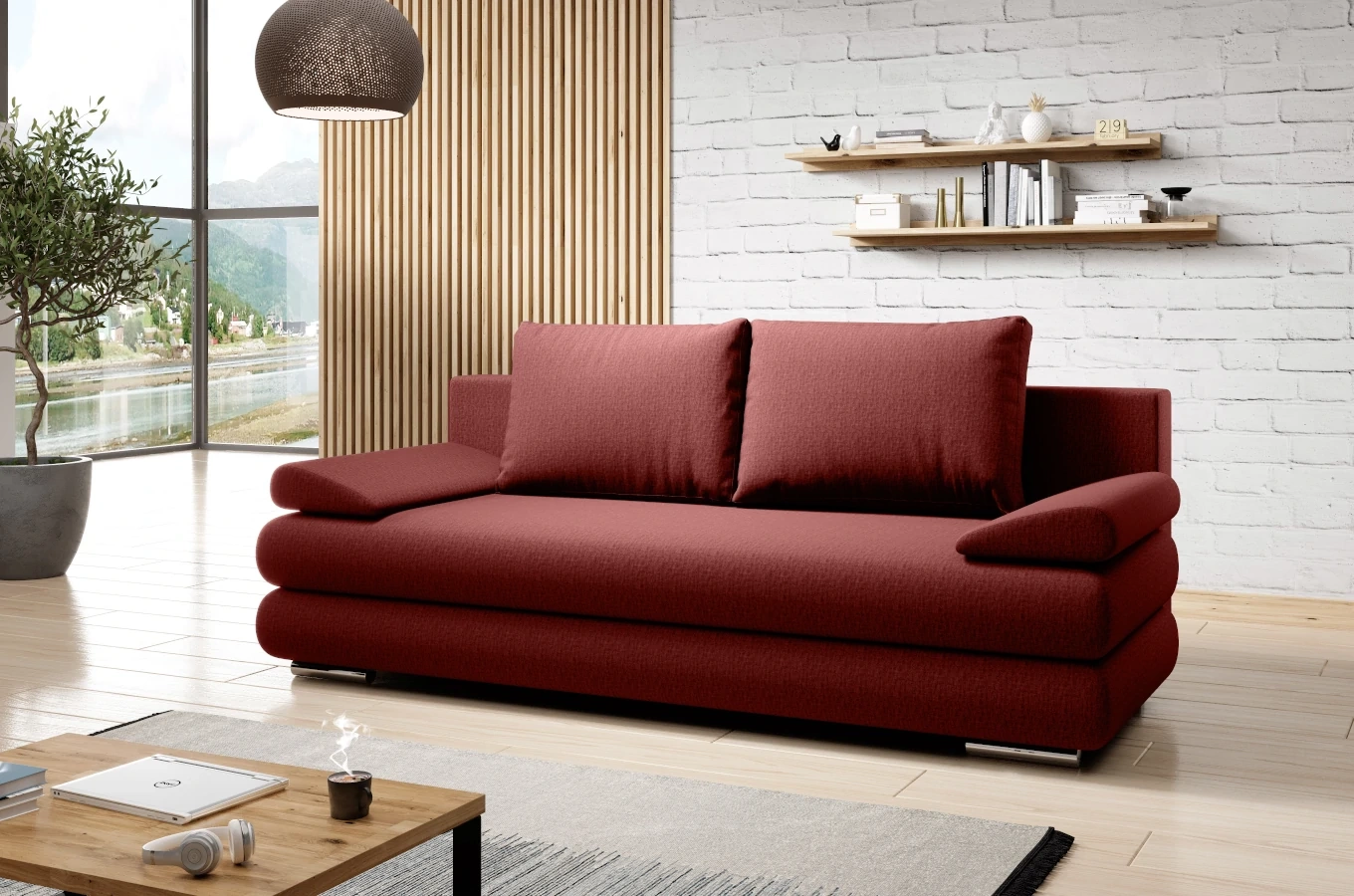 Kompaktowa sofa rozkładana FLAVIA z funkcją spania i pojemnikiem na pościel / szerokość 215 cm