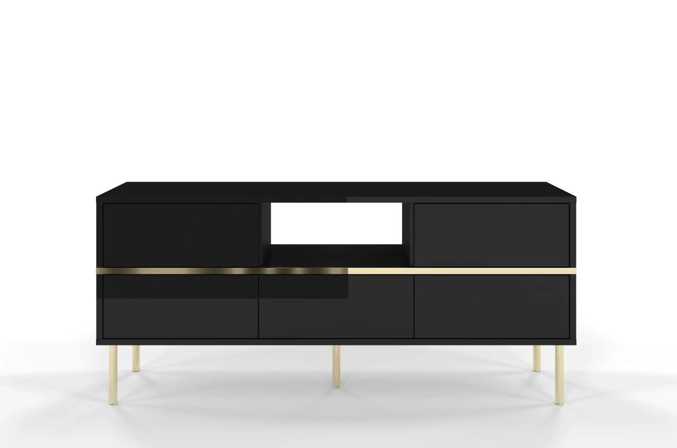 Elegancka czarna komoda RTV Dancan MARIKA ze złotymi dodatkami / szer. 137,5 cm