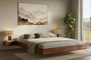 Łóżko lewitujące drewniane bukowe Visby LENA FLAT bez zagłówka, z szafkami / 160x200 cm, kolor orzech
