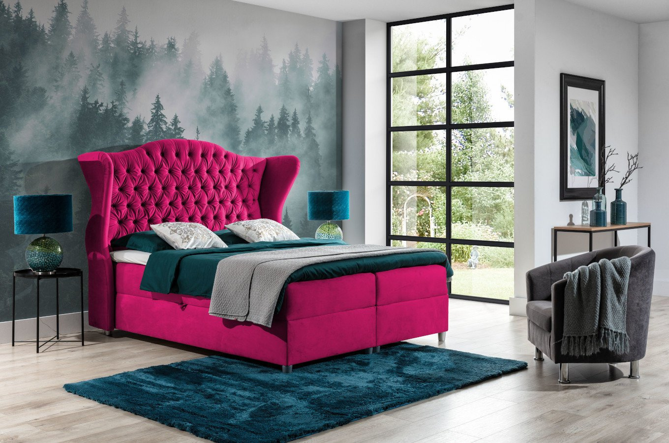 Eleganckie tapicerowane łóżko kontynentalne VASTO z pikowaniem chesterfield na zagłówku