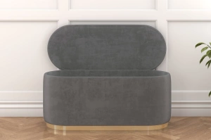 Jasnoszary owalny puf ze schowkiem Dancan SCARLETT na złotej podstawie