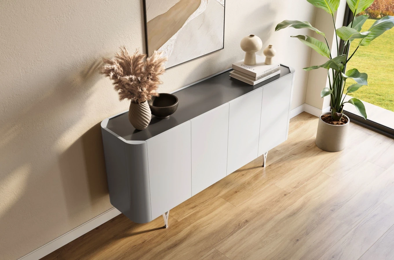 Nowoczesna szara komoda Dancan MONZA ze srebrnymi nóżkami / szer. 160 cm