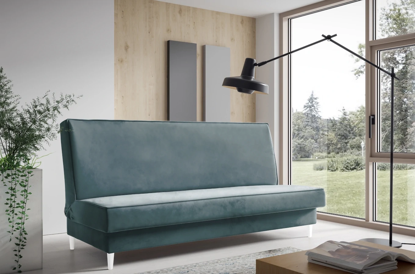 Nowoczesna sofa GOJA w skandynawskim stylu z funkcją spania i pojemnikiem na pościel