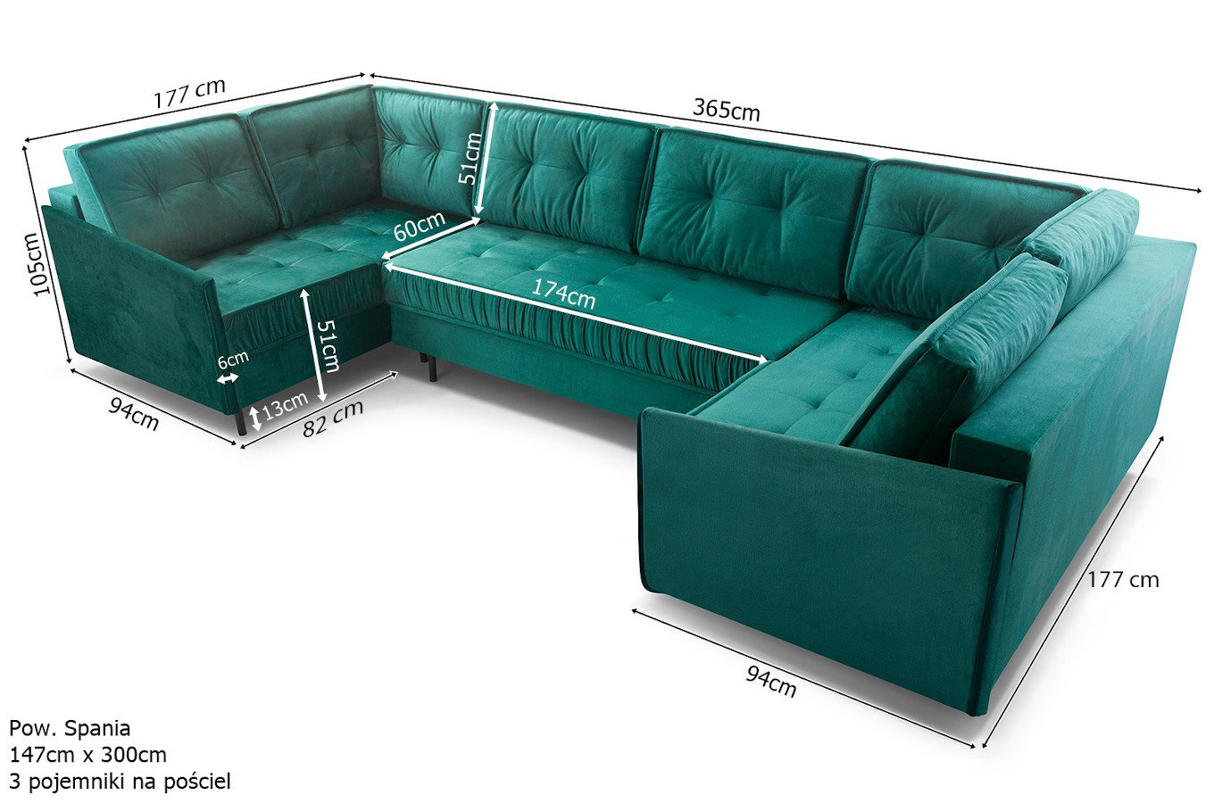 Duży nowoczesny narożnik ZANZIBAR U z funkcją spania i pojemnikiem na pościel