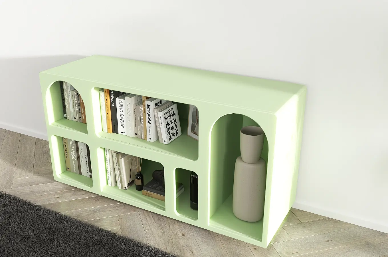 Drewniana komoda - regał - szafka RTV z łukami Visby OLIMPIA LONG / kolor pudrowa zieleń / szer. 140 cm