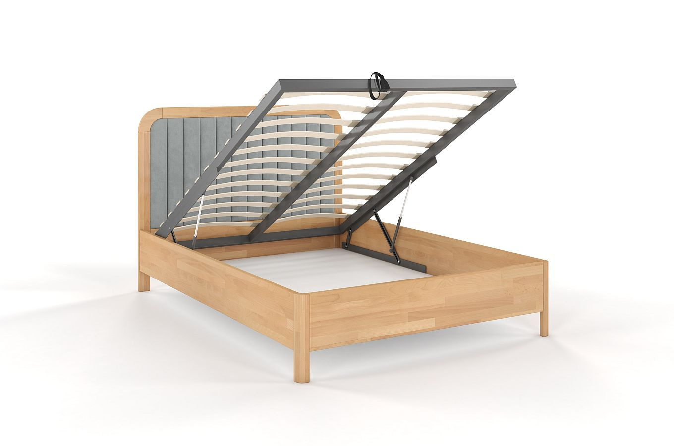 Tapicerowane łóżko drewniane bukowe Visby MODENA BC z wysokim zagłówkiem (skrzynia na pościel)