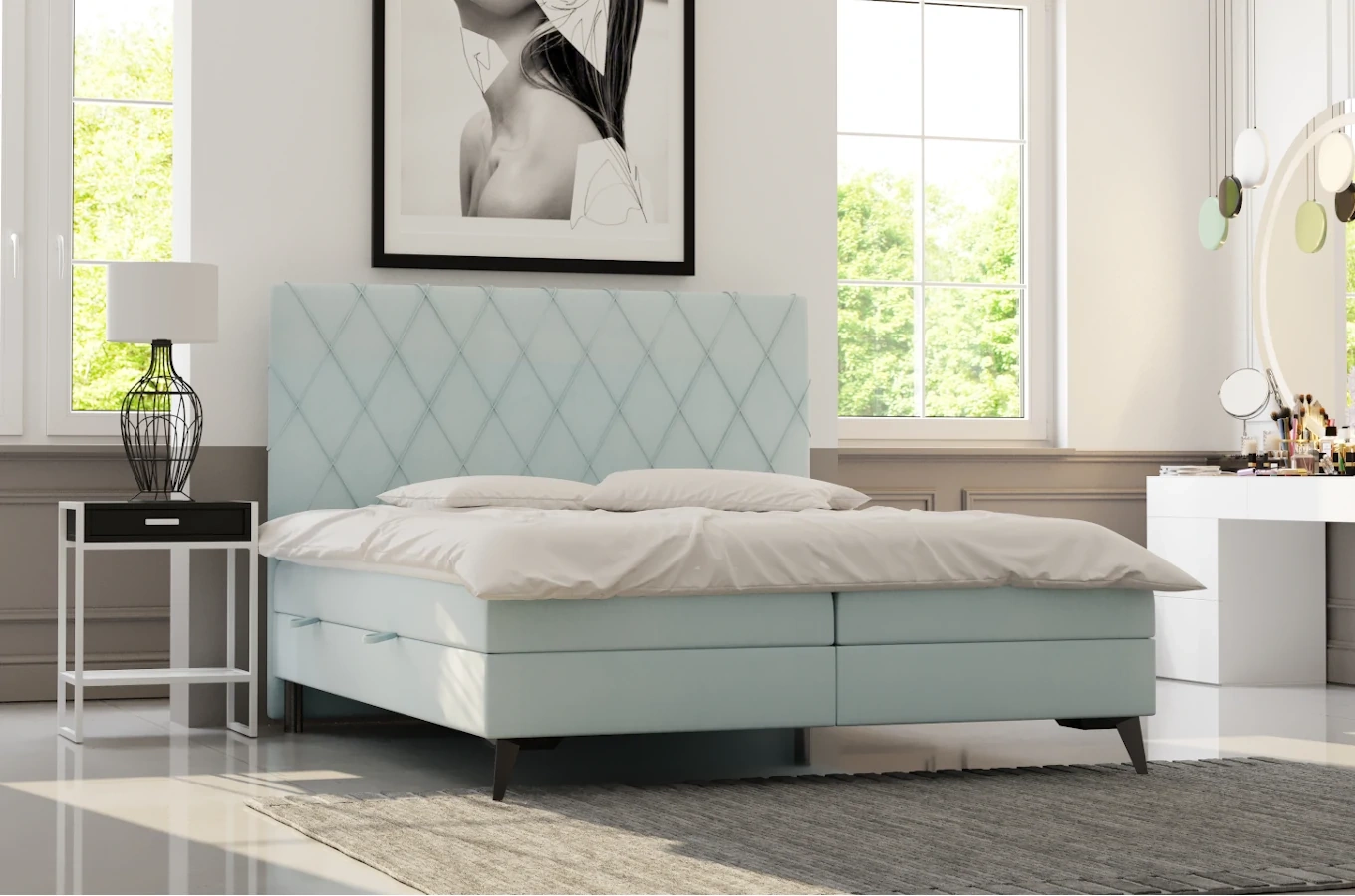 Eleganckie tapicerowane łóżko kontynentalne GEORGE z pojemnikiem na pościel