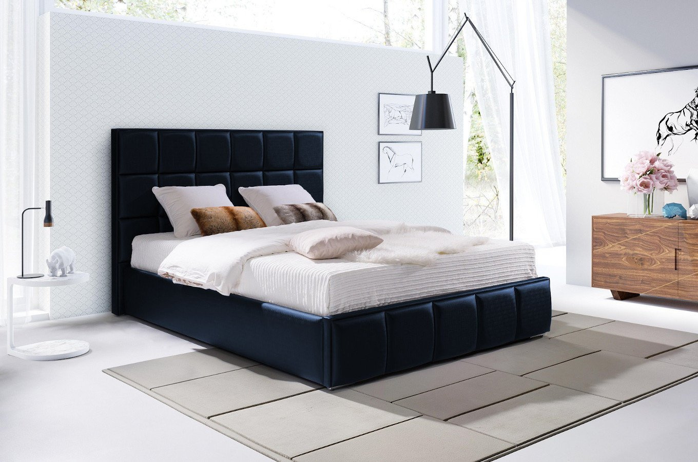 Klasyczne łóżko tapicerowane do sypialni PATRIZIA przeszycia w kwadraty