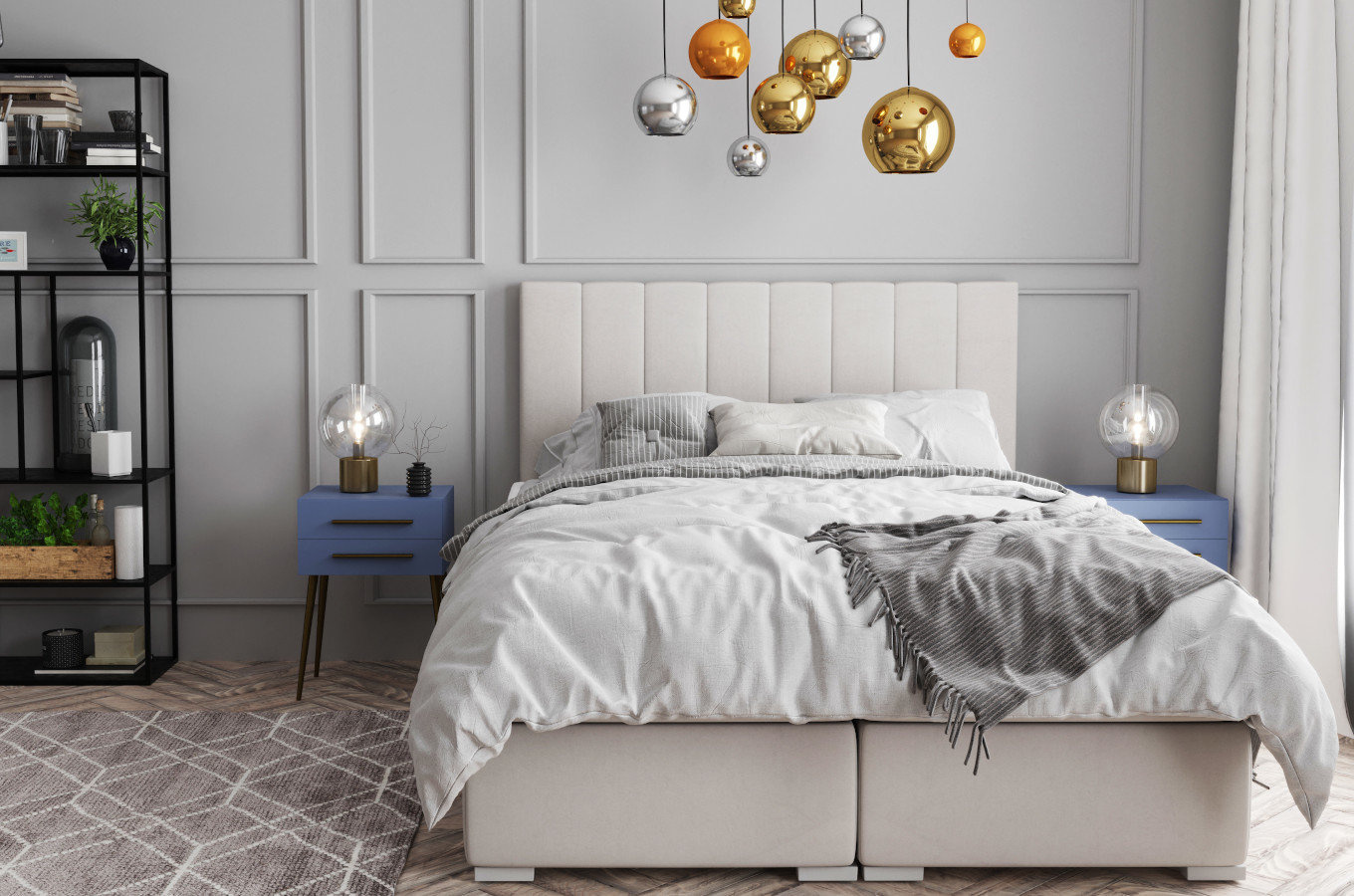Eleganckie tapicerowane łóżko kontynentalne do sypialni MADAM z pojemnikiem na pościel
