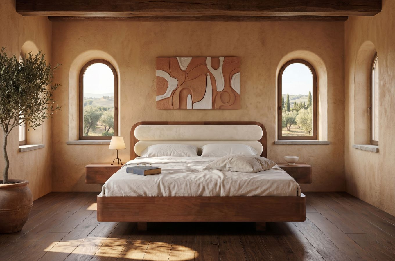 Łóżko lewitujące drewniane bukowe Eyko PONZA z szafkami lub bez / kolor orzech / zagłówek ecru