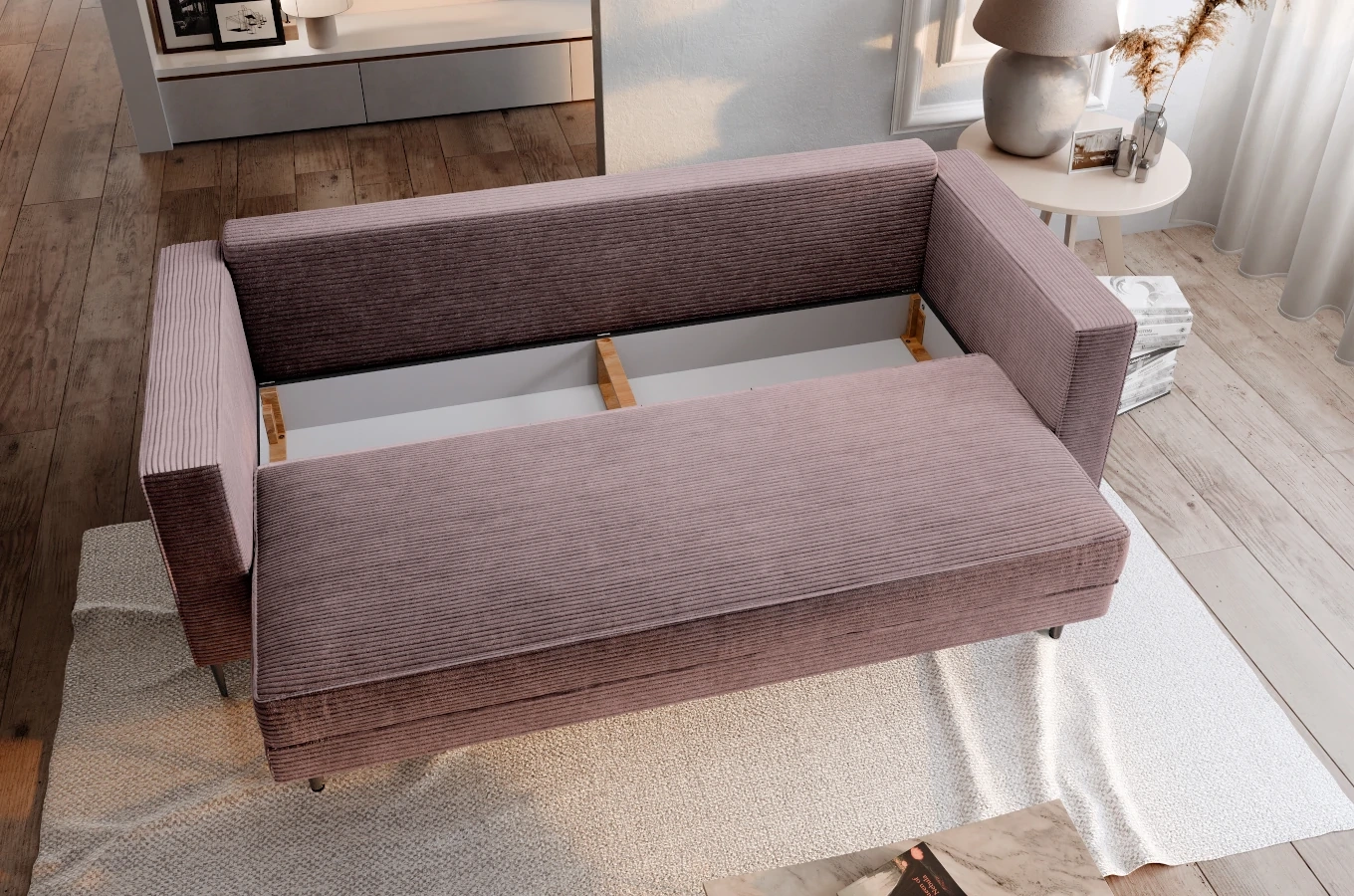 Nowoczesna sofa rozkładana GEPPI z funkcją spania i pojemnikiem na pościel / szerokość 226 cm