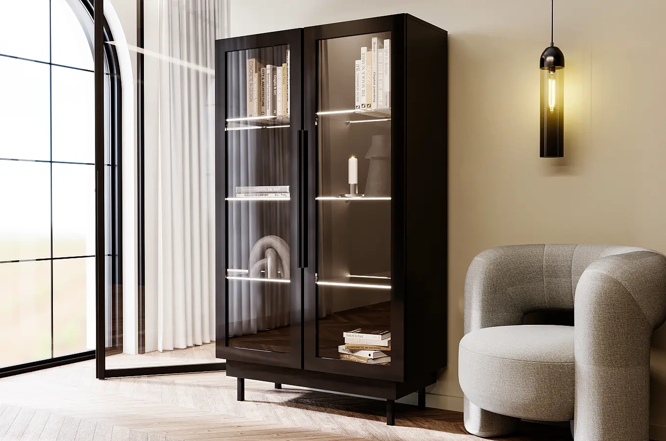 Elegancka czarna witryna Dancan ARTEMISA ze złotymi dodatkami / szer. 100 cm