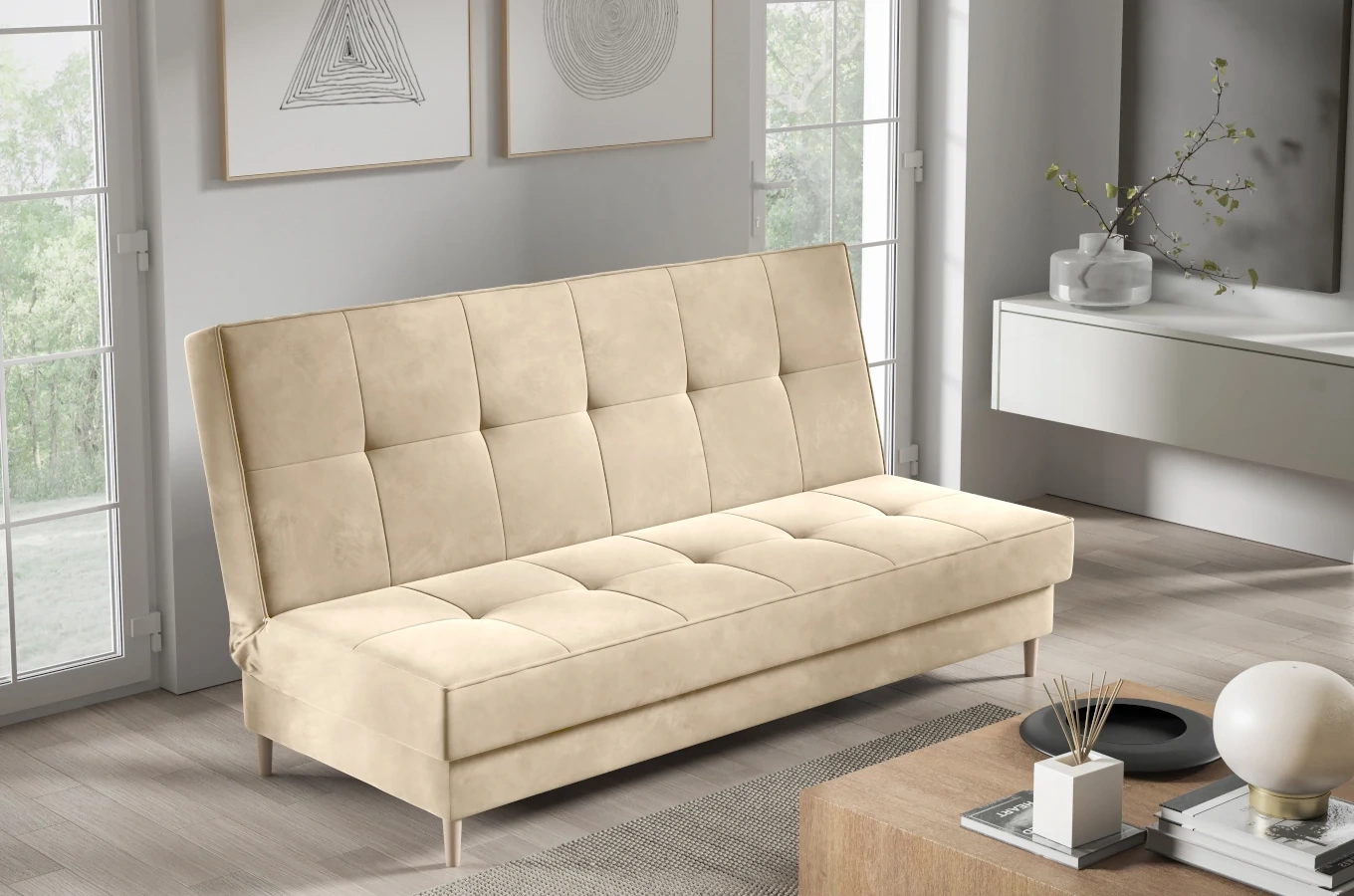 Nowoczesna sofa IRINA w skandynawskim stylu z funkcją spania i pojemnikiem na pościel