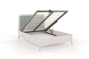 Tapicerowane łóżko drewniane bukowe Visby MODENA BC z wysokim zagłówkiem / 200x200 cm, kolor biały, zagłówek Casablanca 2314 (skrzynia na pościel)