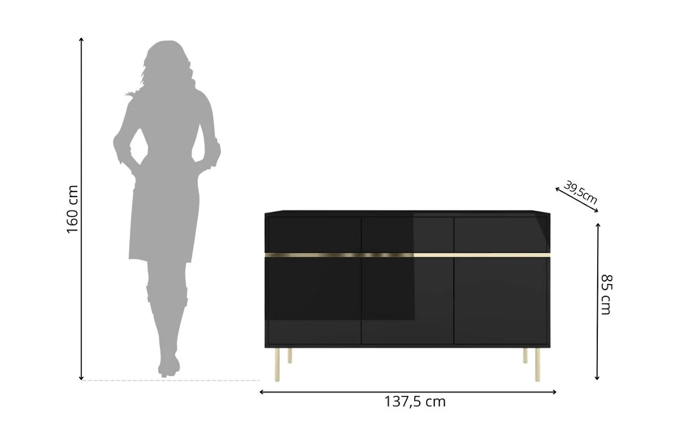 Elegancka czarna komoda Dancan MARIKA ze złotymi dodatkami / szer. 137,5 cm