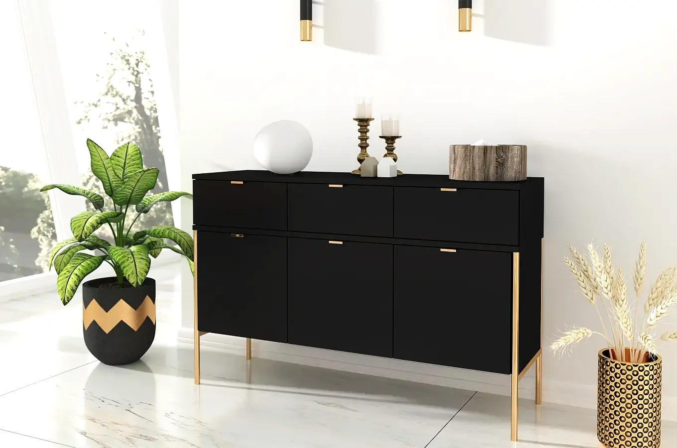 Elegancka czarna komoda do salonu Skandica POLKA na złotych nóżkach / szer. 120 cm