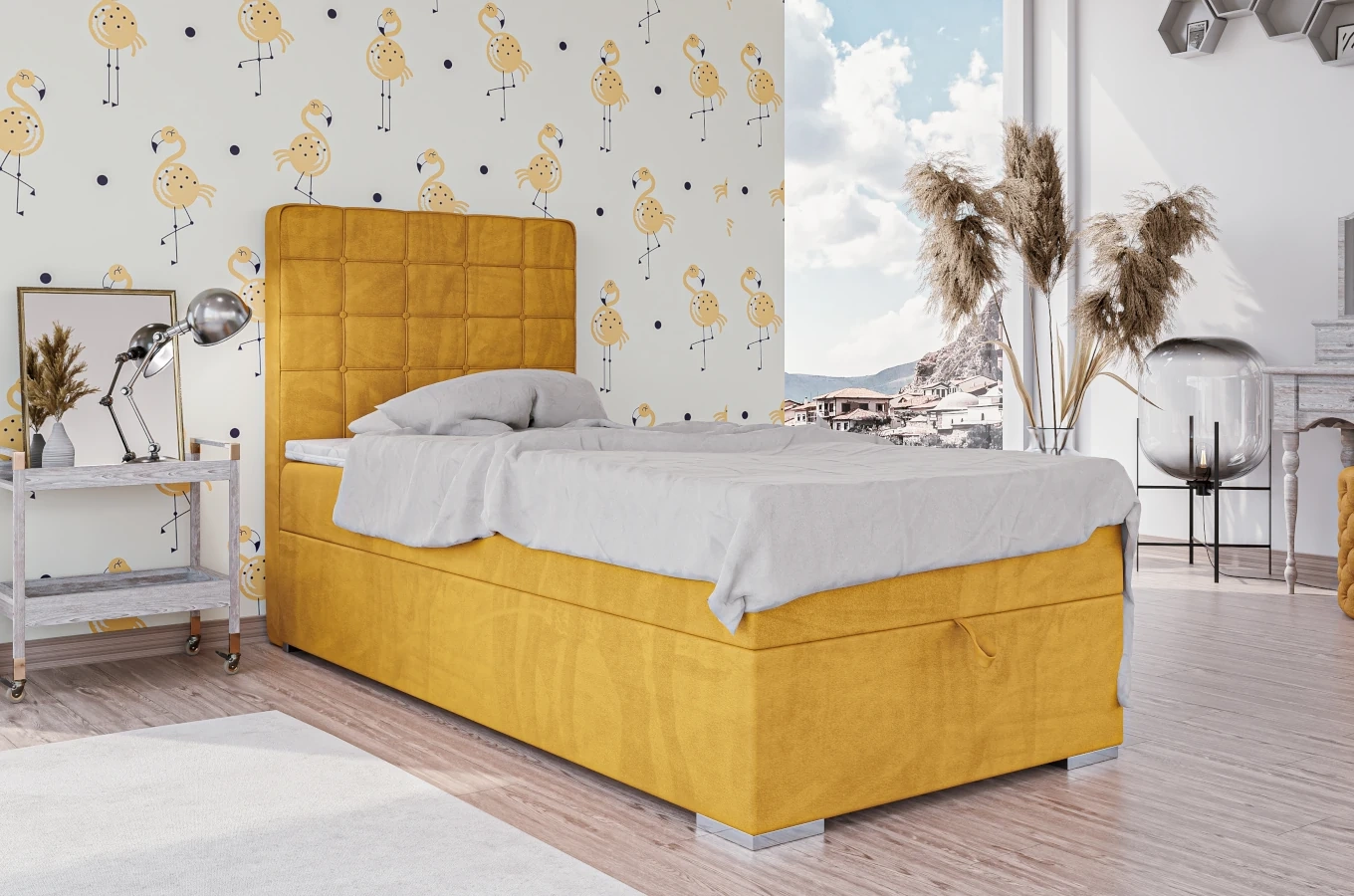 Eleganckie tapicerowane łóżko kontynentalne do sypialni HUAN z pojemnikiem na pościel