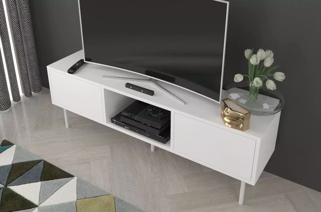 Biała nowoczesna komoda RTV Dancan MIRKA / szer. 130 cm