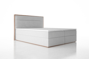 Tapicerowane łóżko kontynentalne PARIS z tapicerowanym zagłówkiem z elementami drewna