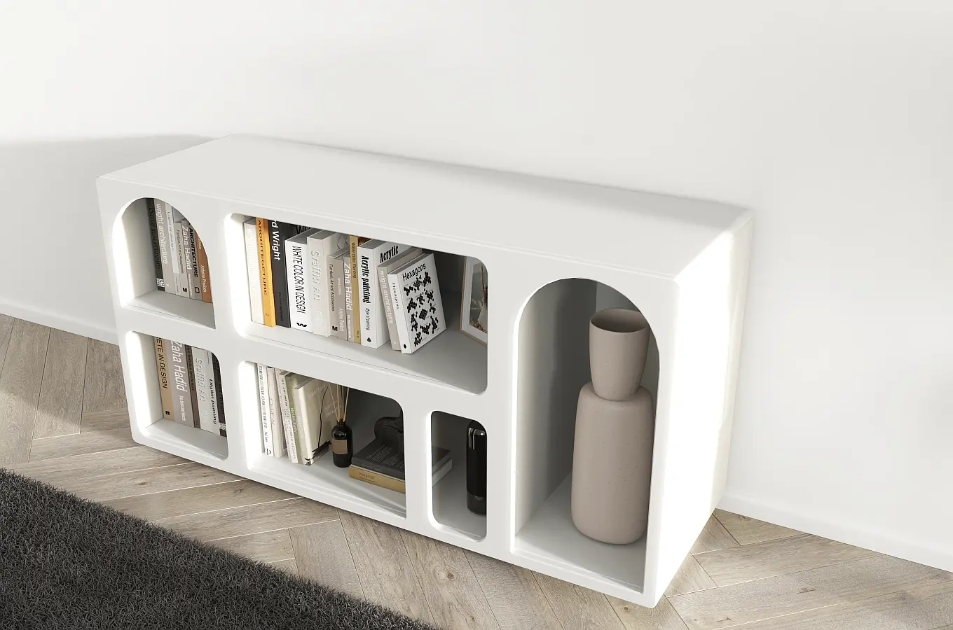 Drewniana komoda - regał - szafka RTV z łukami Visby OLIMPIA LONG / kolor szary mleczny / szer. 140 cm