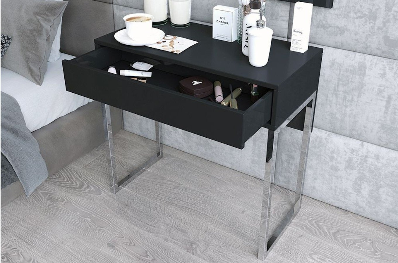 Czarna nowoczesna toaletka Dancan EVA ze srebrnym stelażem