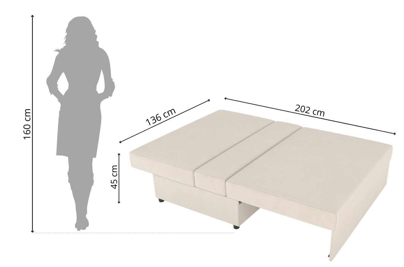 Jasno-szara rozkładana sofa Dancan OLGA z funkcją spania i pojemnikiem na pościel / szerokość 136 cm