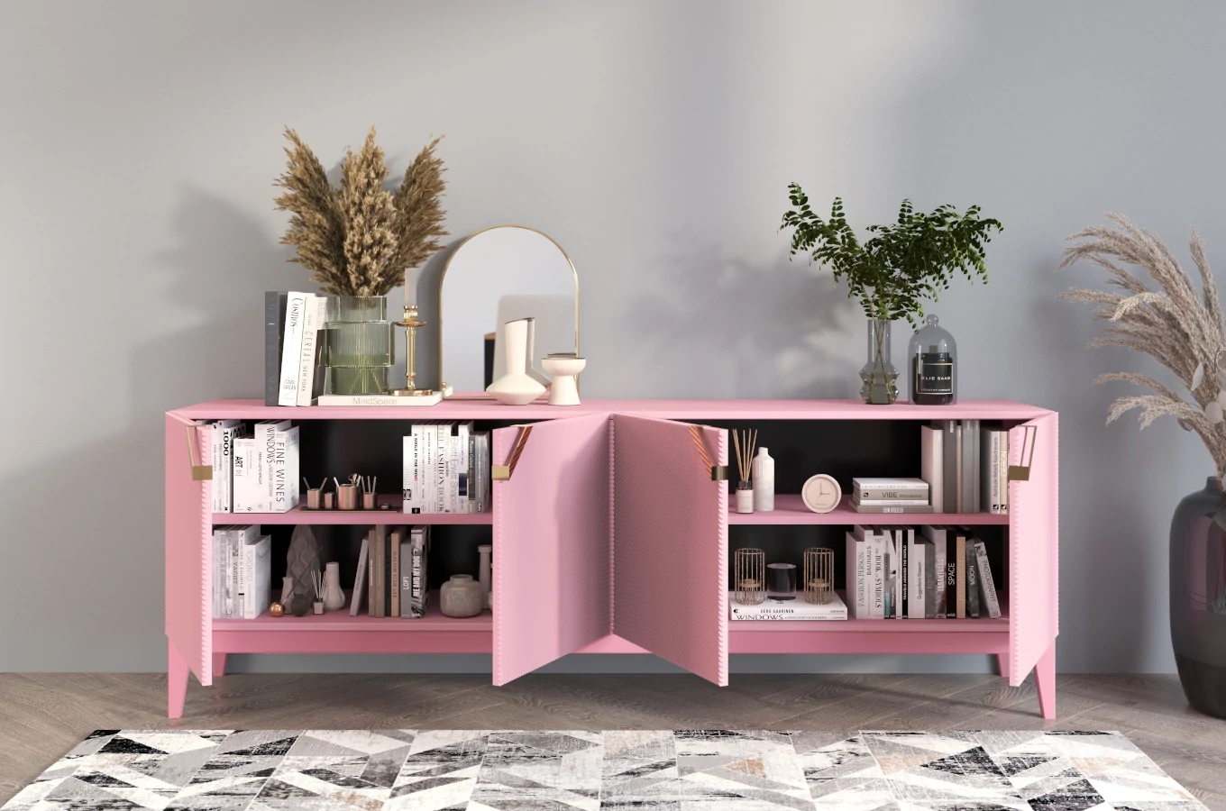 Drewniana komoda Visby DEMI LONG / kolor pudrowy róż / szer. 201,5 cm