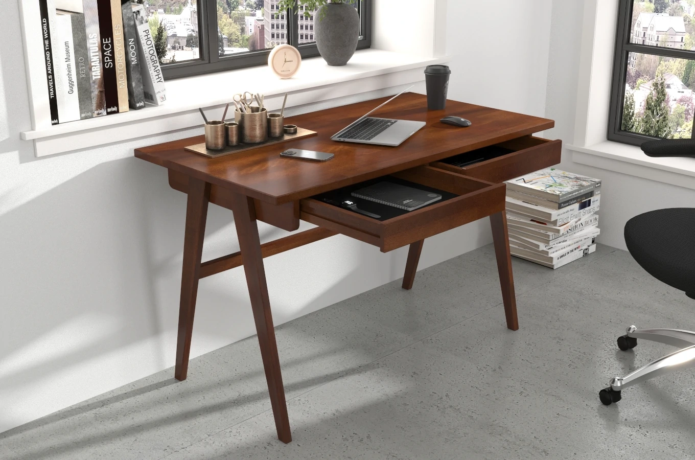 Drewniane bukowe biurko / toaletka z szufladami Visby EDDA / kolor orzech