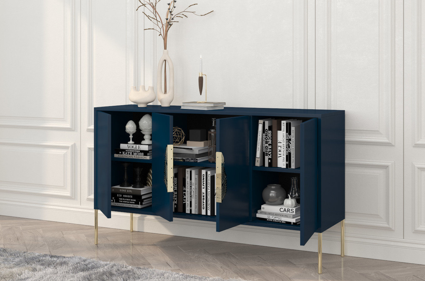 Granatowa komoda Skandica MERLIN ze złotymi dodatkami / szer. 138 cm