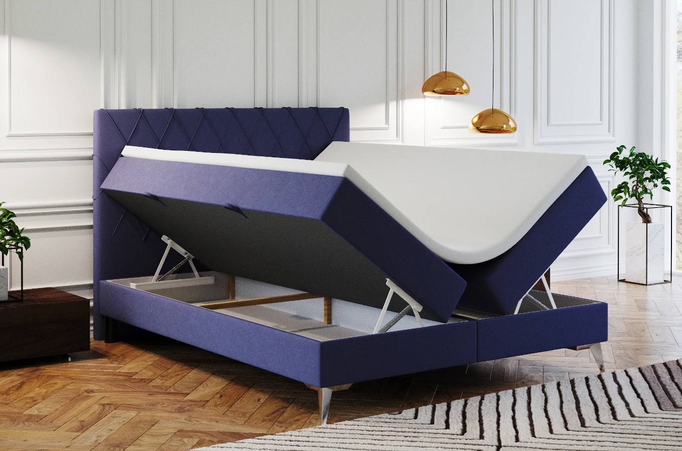 Eleganckie tapicerowane łóżko kontynentalne GEORGE z pojemnikiem na pościel