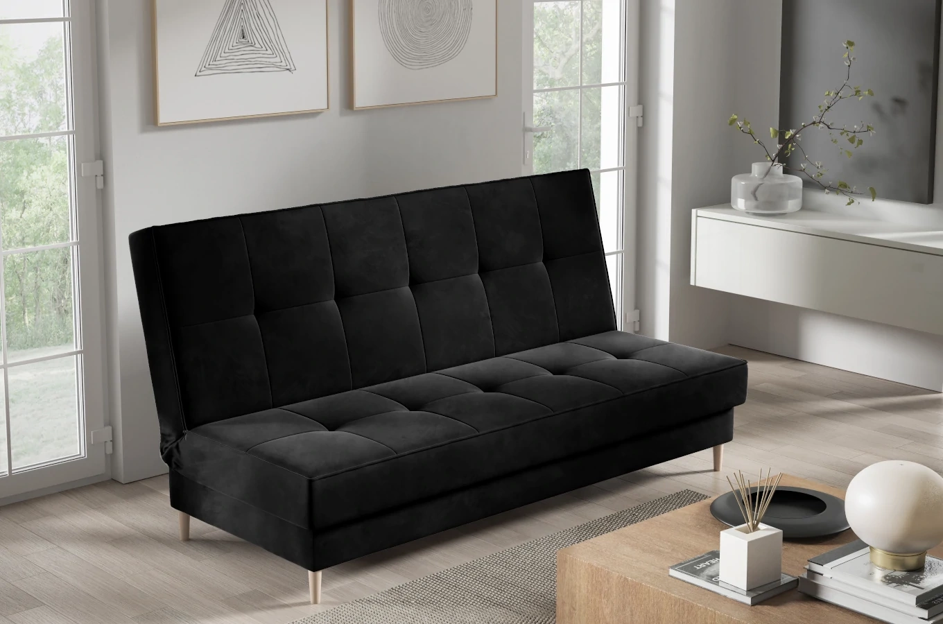 Nowoczesna sofa IRINA w skandynawskim stylu z funkcją spania i pojemnikiem na pościel