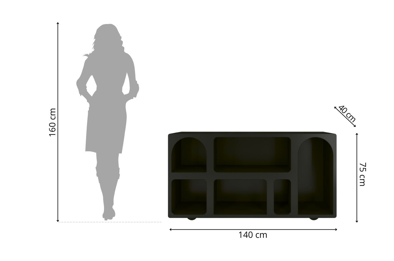Drewniana komoda - regał - szafka RTV z łukami Visby OLIMPIA LONG / kolor czarny / szer. 140 cm