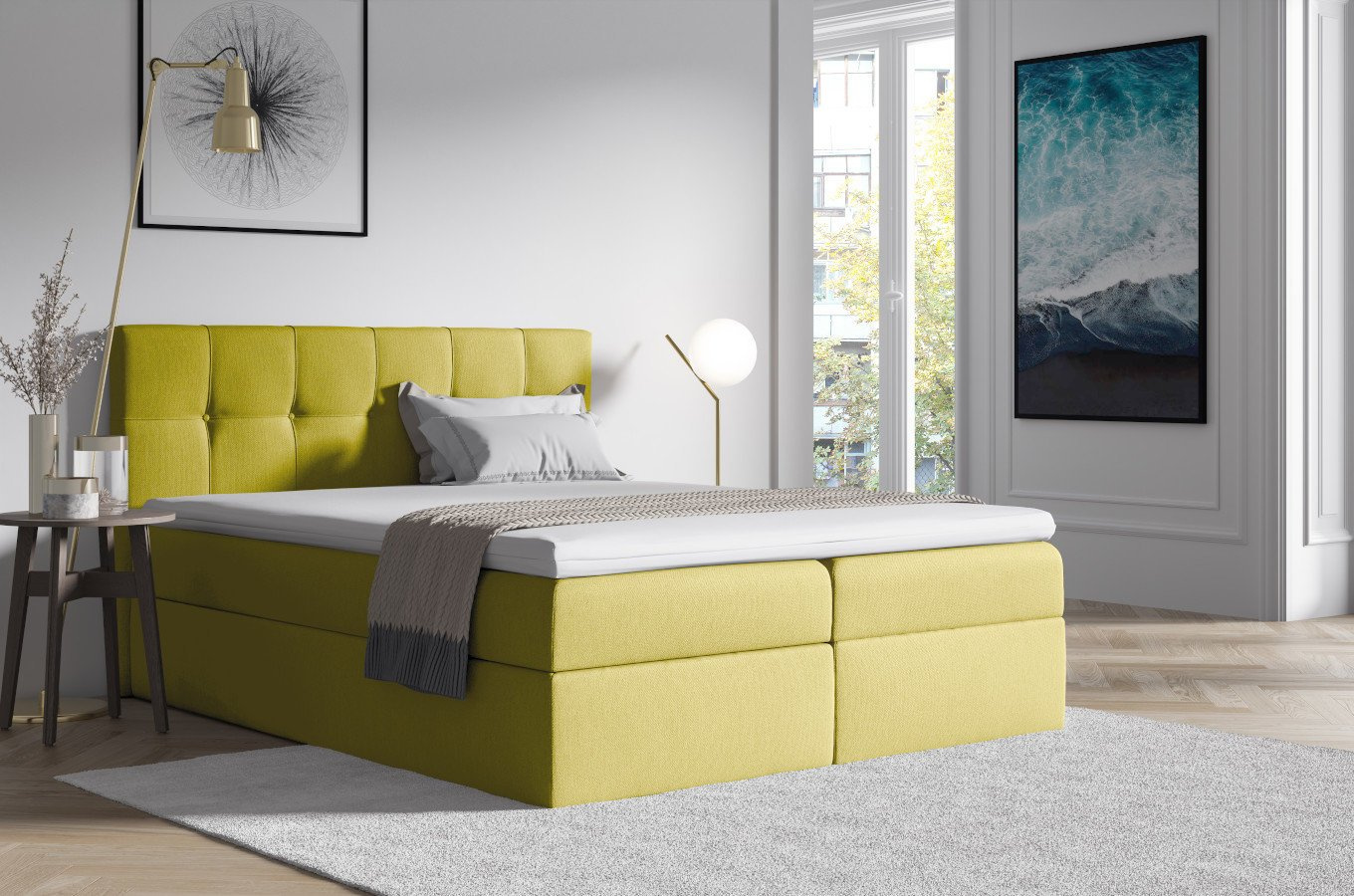 Tapicerowane łóżko kontynentalne ADRIANO z zagłówkiem pikowanym w kwadraty