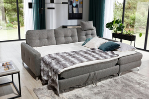 Elegancki tapicerowany narożnik FURLO z funkcją spania i pojemnikiem na pościel