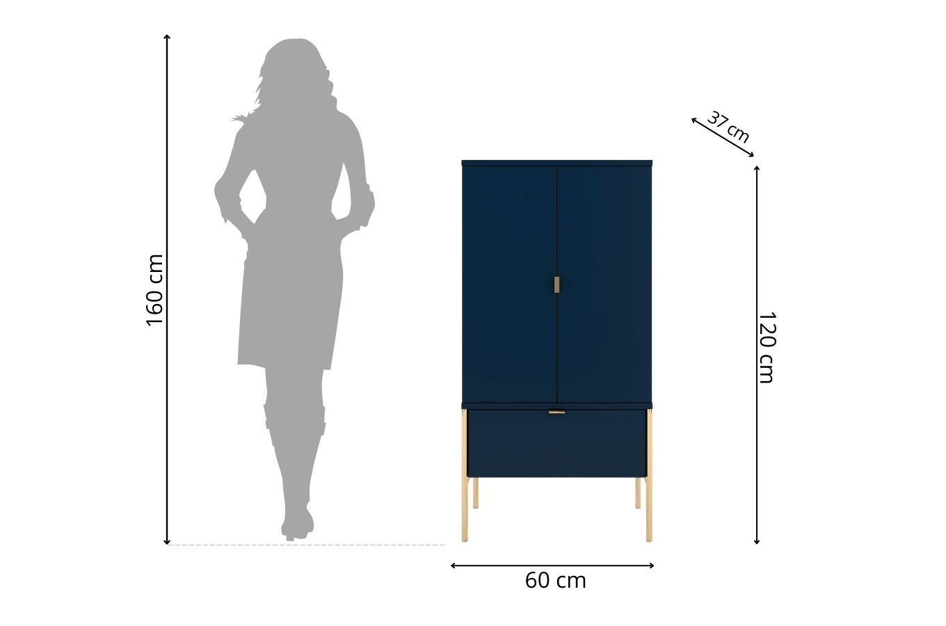 Wysoka elegancka granatowa komoda Skandica POLKA na złotych nóżkach / szer. 60 cm