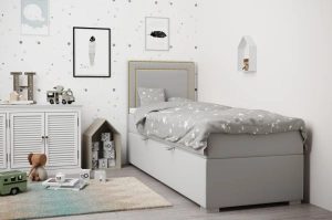 Eleganckie tapicerowane łóżko kontynentalne do sypialni TOMASSO z pojemnikiem na pościel