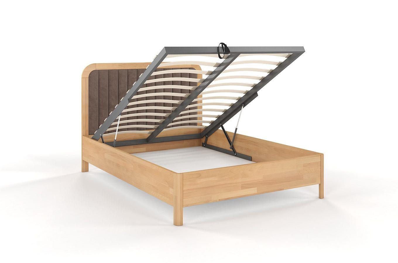 Tapicerowane łóżko drewniane bukowe Visby MODENA BC z wysokim zagłówkiem / 160x200 cm, kolor naturalny, zagłówek Casablanca 2306 (skrzynia na pościel)