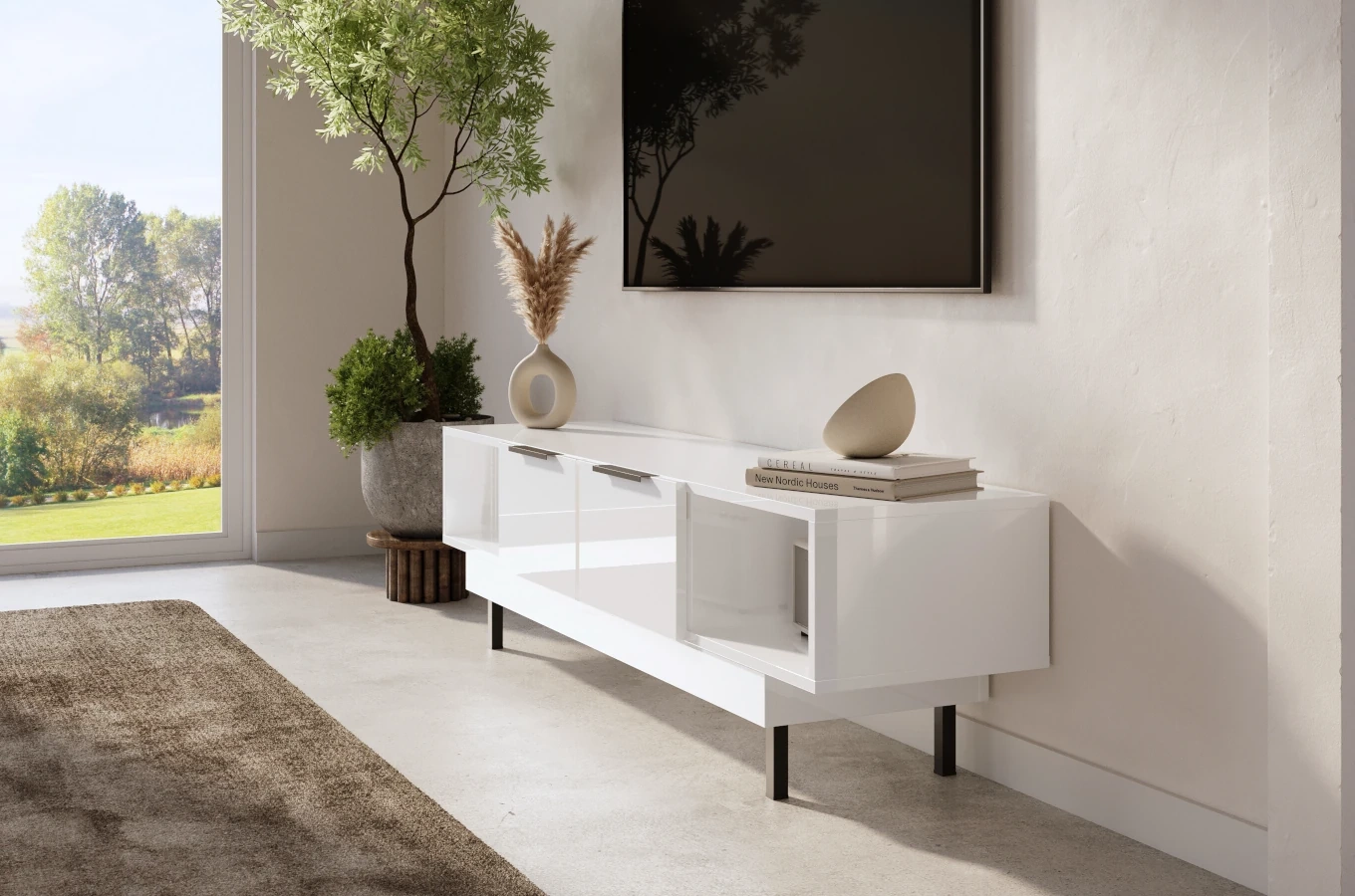 Elegancka biała komoda RTV Dancan ARTEMISA ze złotymi dodatkami / szer. 163 cm