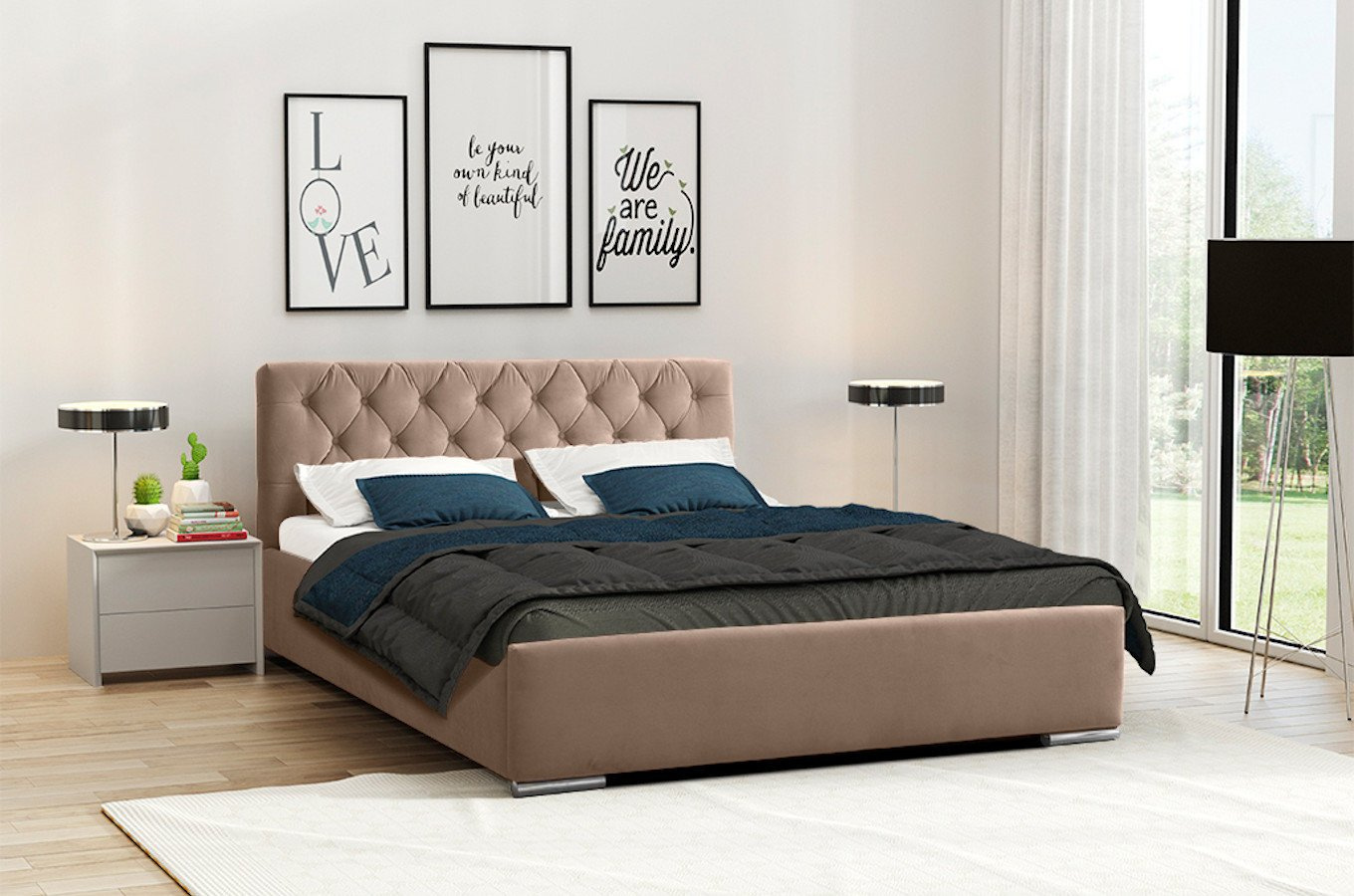 Klasyczne łóżko tapicerowane do sypialni DELLEN pikowane guzikami wzór karo