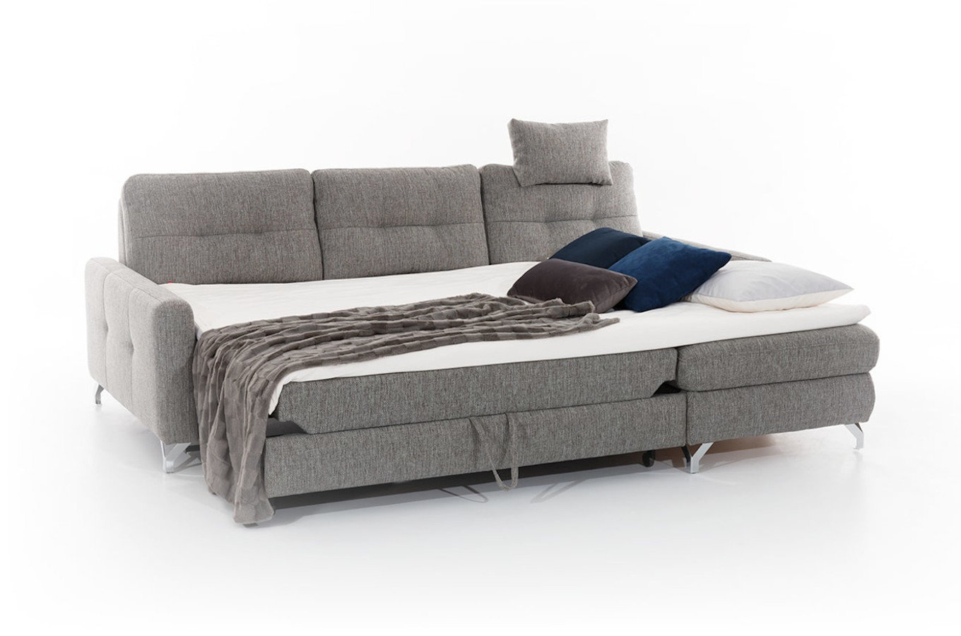 Elegancki tapicerowany narożnik FURLO z funkcją spania i pojemnikiem na pościel